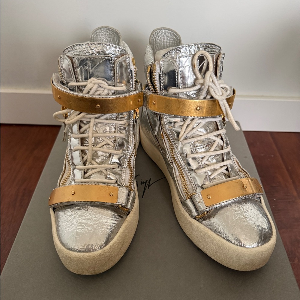 Giuseppe Zanotti Silver Foil with Gold Plates High-Top Sneakers 39.5